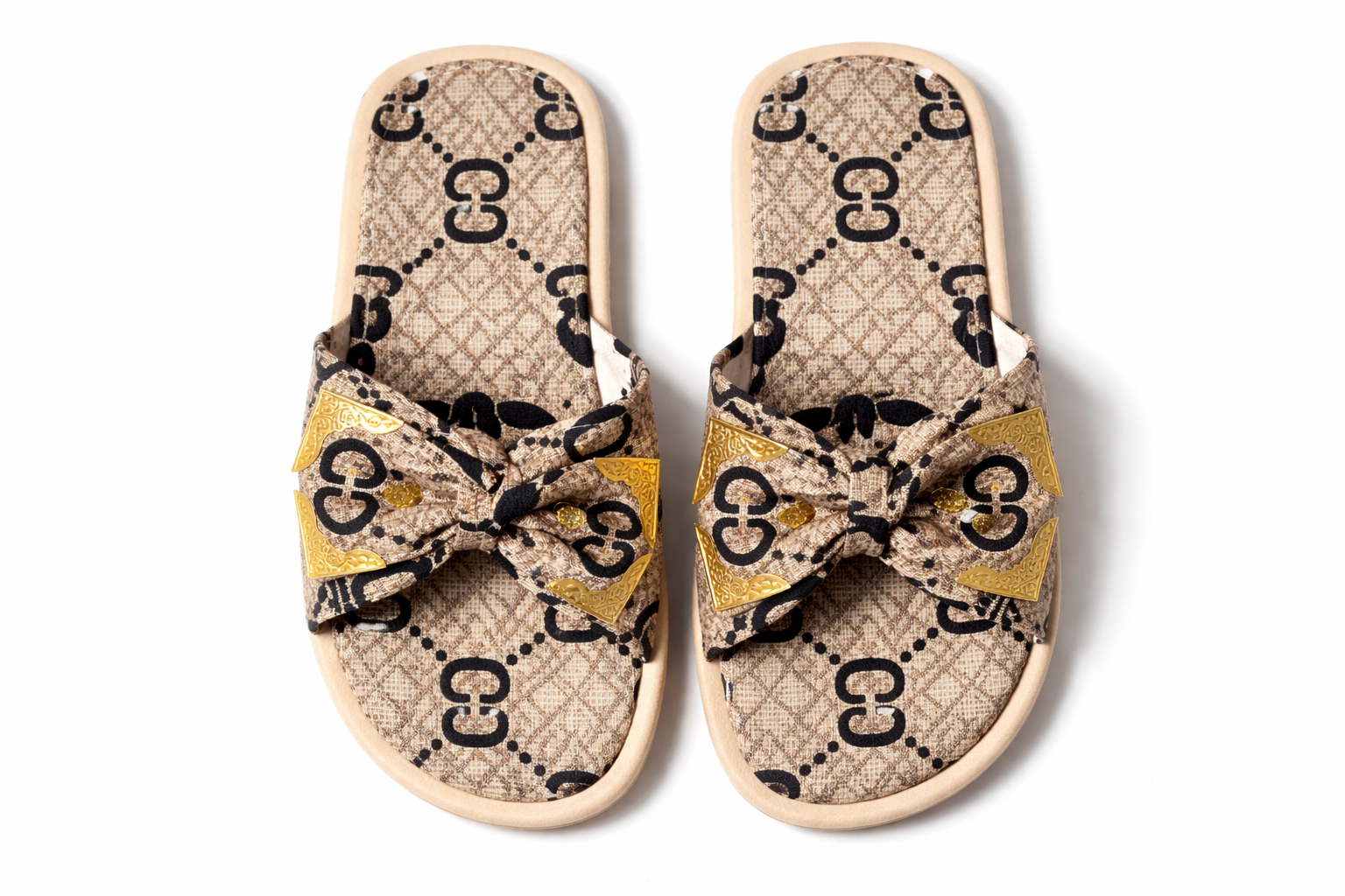 Knotted Fabric Flat Slide Sandals with Decorative Metal Detail